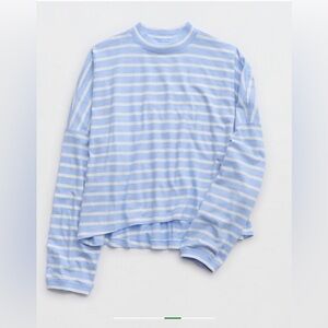 Aerie Women’s Cozy Long Sleeve Mockneck Striped T-Shirt Color Ocean Sky Sz L